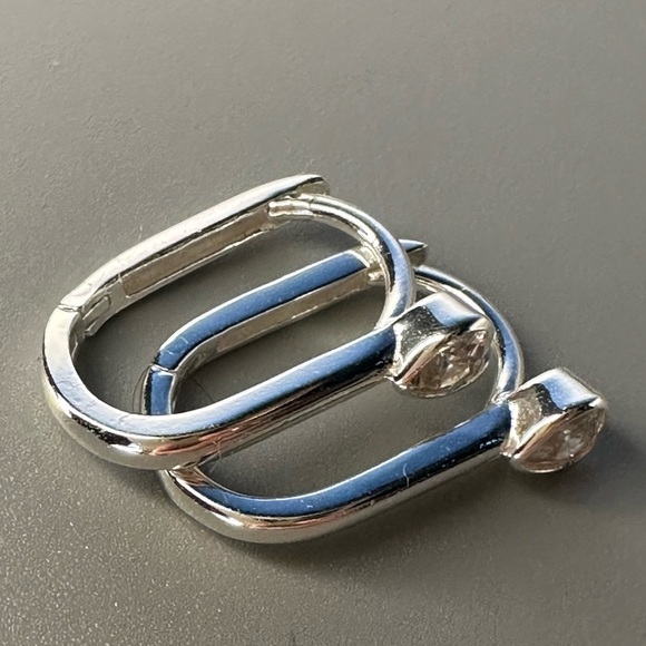 Sterling Silver Heart CZ Oval Huggie Earrings - Picture 6 of 9